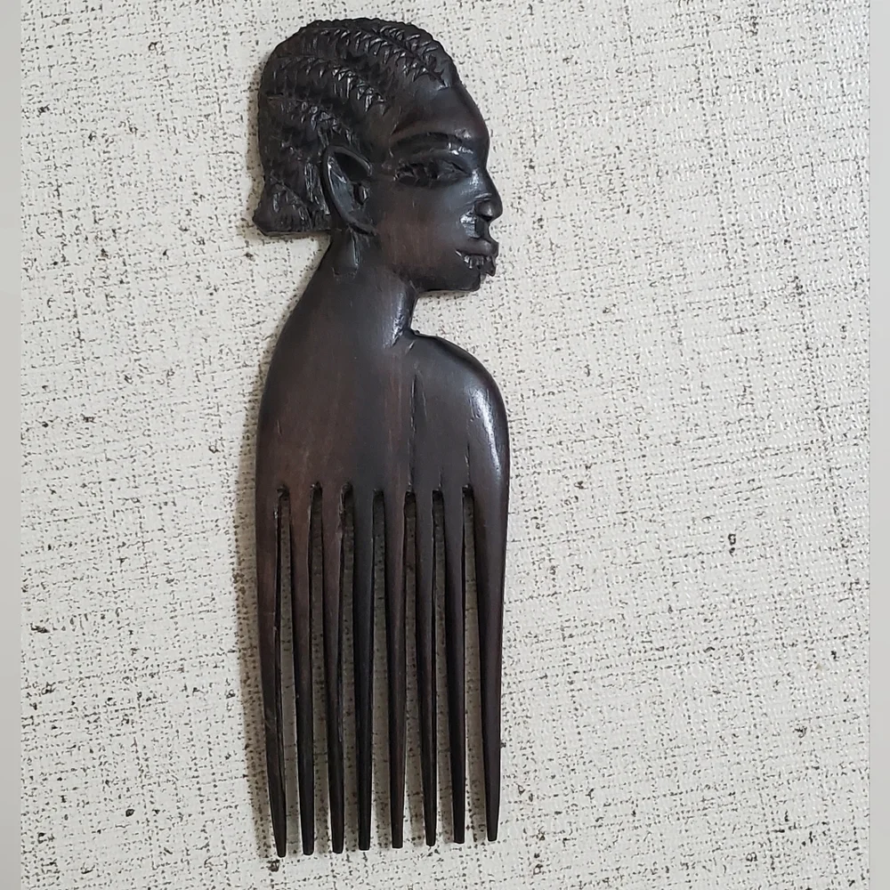 African Ebony Wood Hair Pick, Hand Carved, Vintage, 7